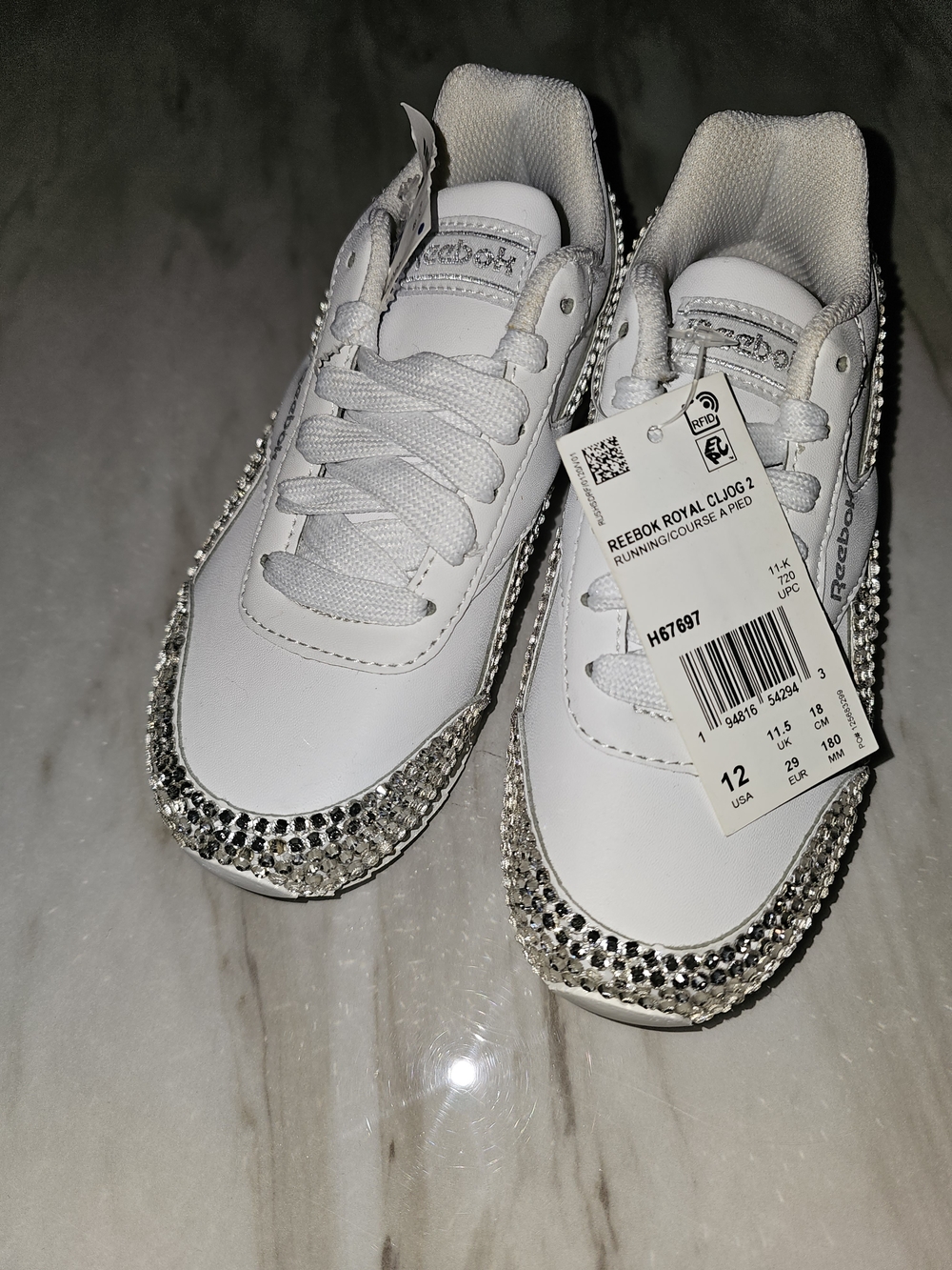 Reebok White Kids Sneakers with Silver Rhinestone Trim